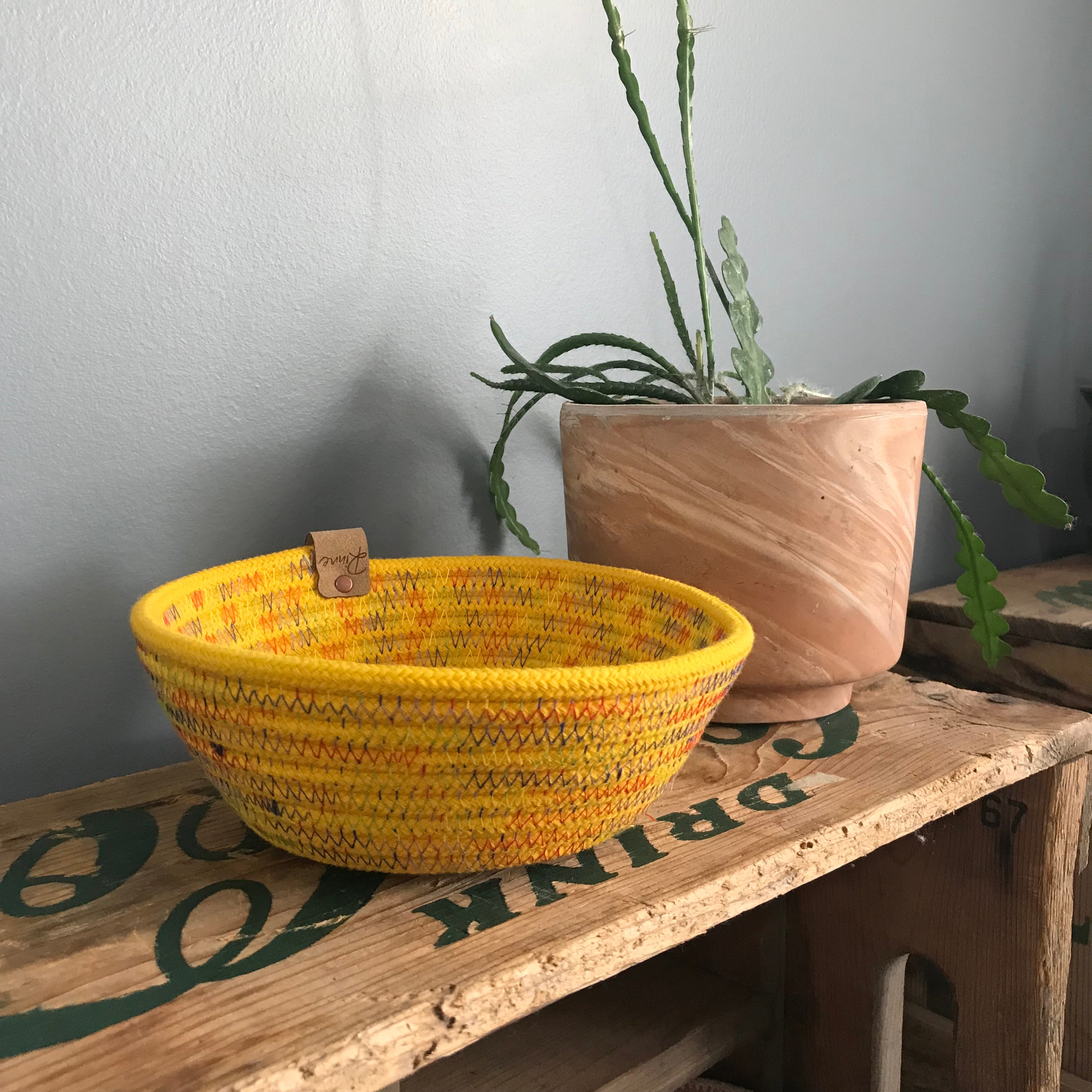 small rope tray yellow with rainbow stitching
