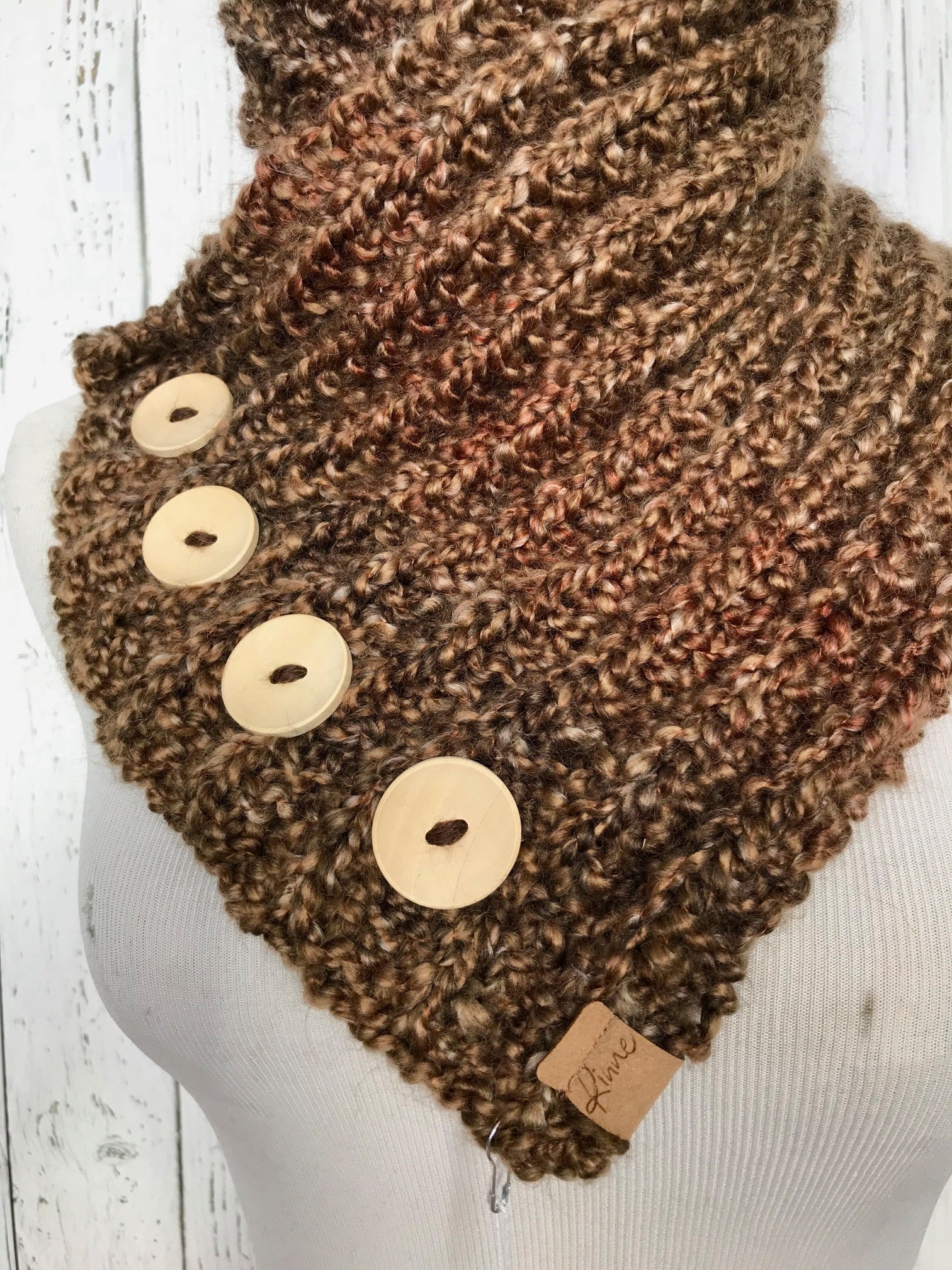 Classic Knit Button Cowl in Brown with natural wood buttons