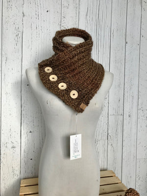 Classic Knit Button Cowl in Brown with natural wood buttons