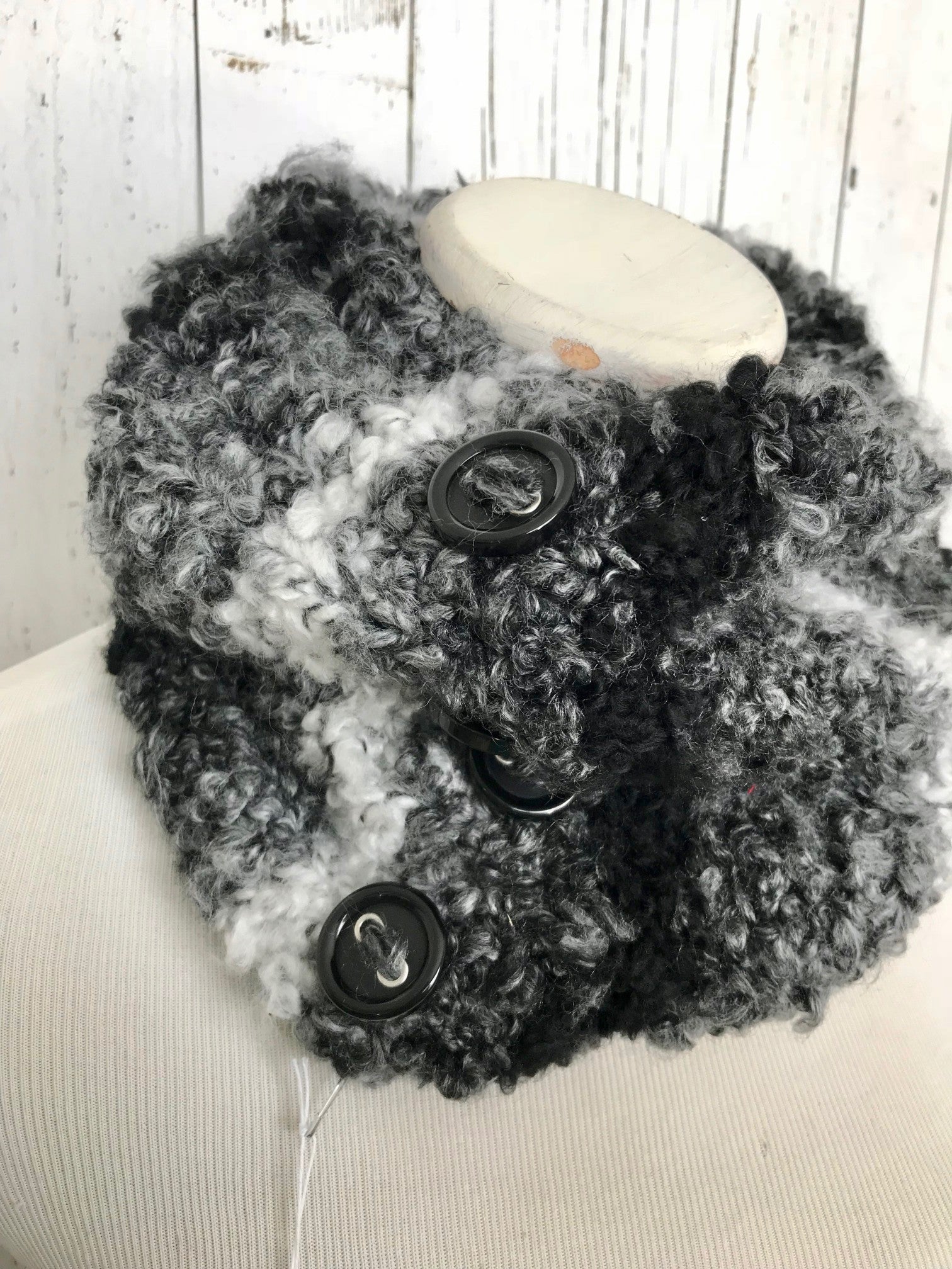 Knit Button Cowl in black, grey, and white stripes