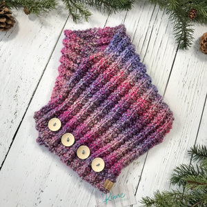 Classic Knit Button Cowl in pink and purple variegated colors with natural wood buttons