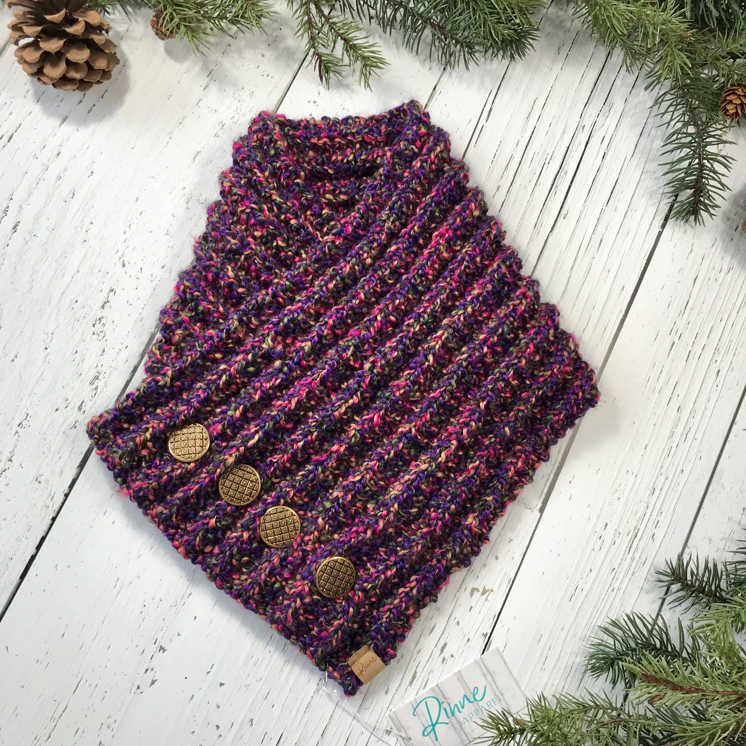 Classic Knit Button Cowl in pink, purple, olive green, and yellow with vintage gold buttons