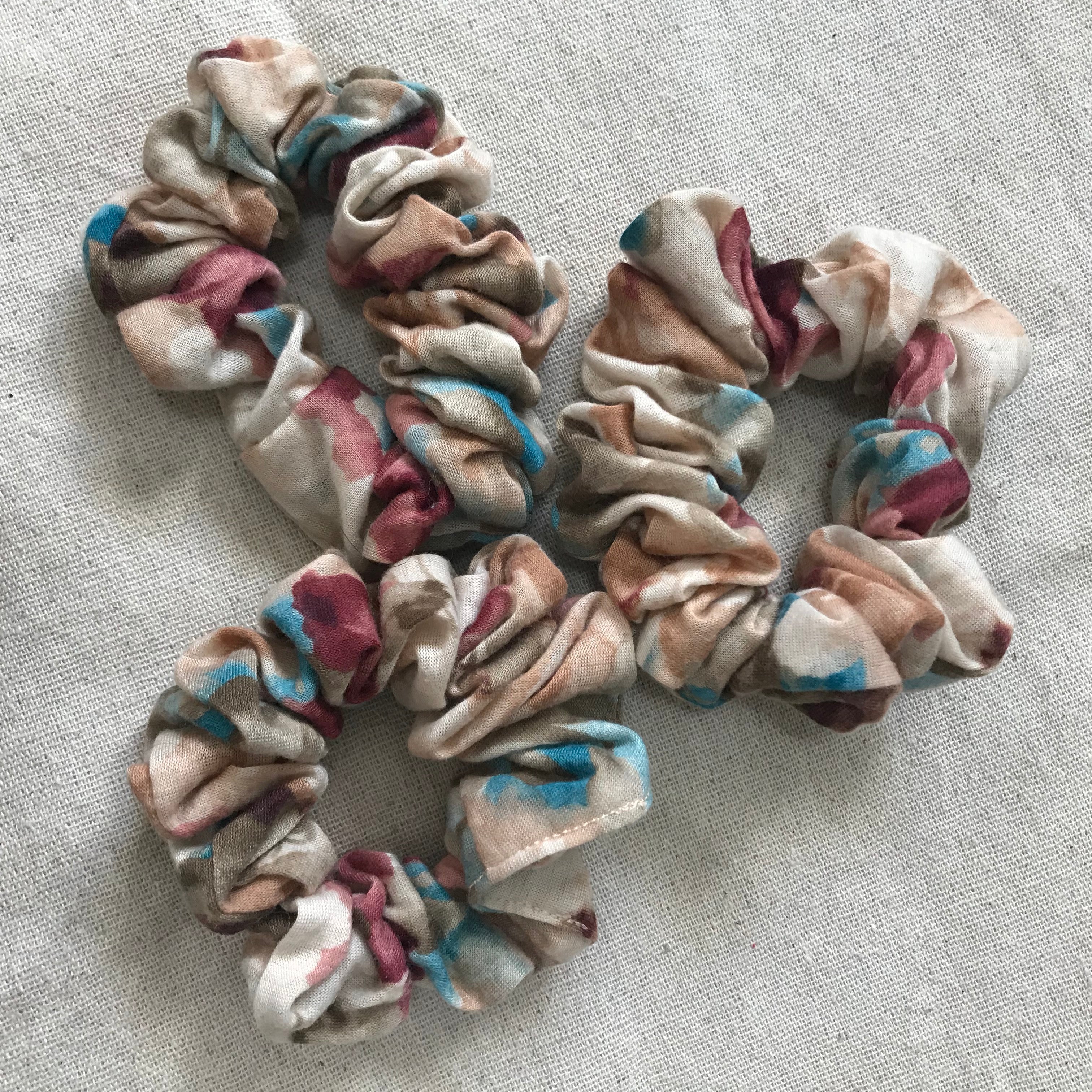 mottled brown, blue, cream, pink knit Scrunchie