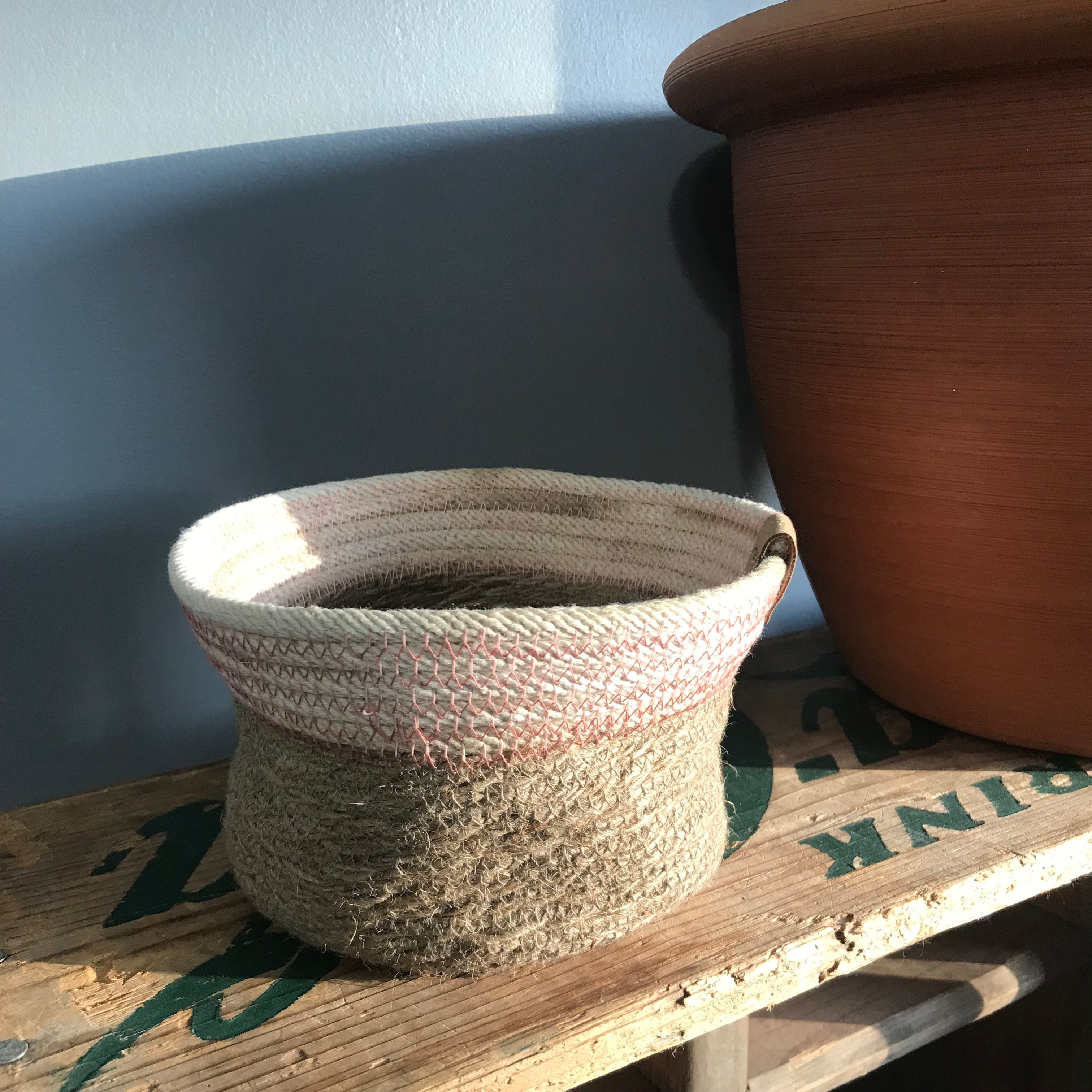 small rope bowl basket jute pink stitching