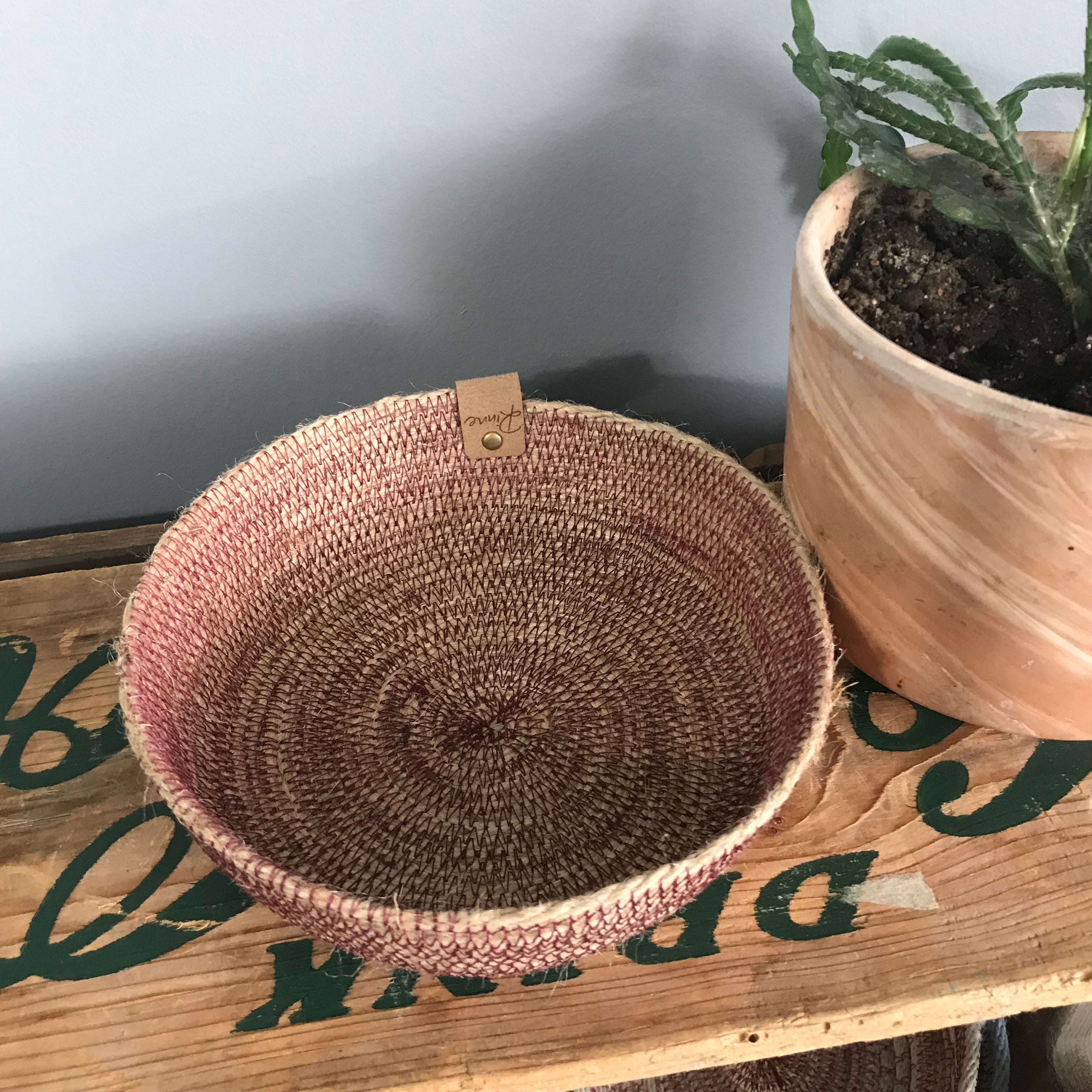 small jute rope tray red stitching