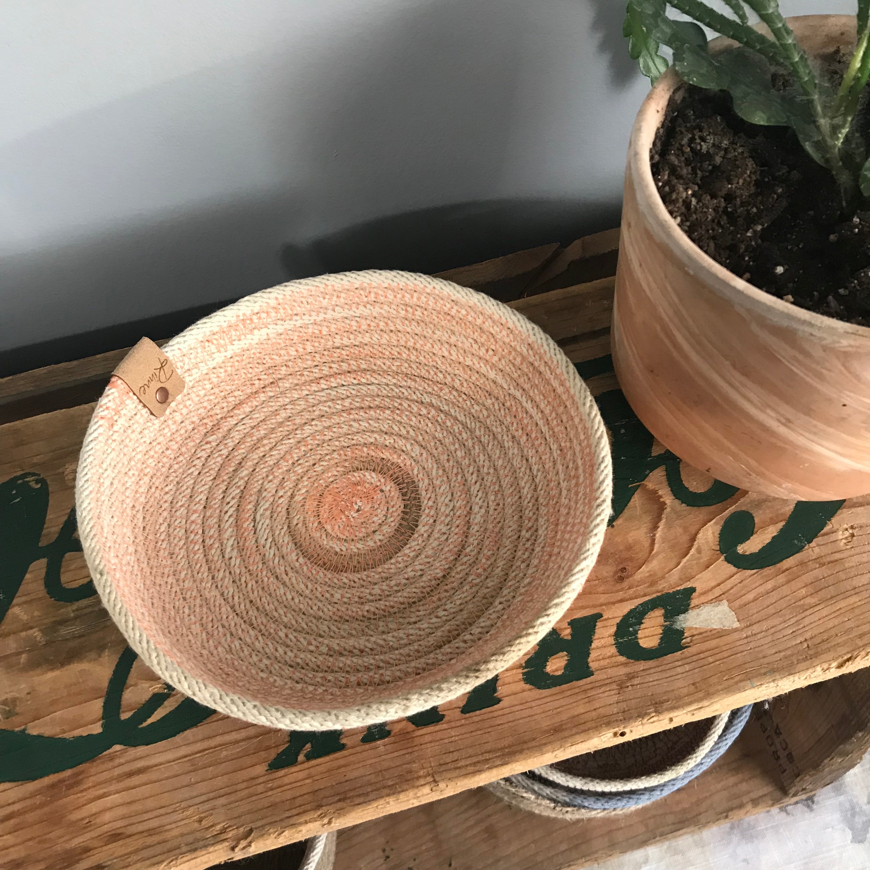small natural rope tray peach stitching