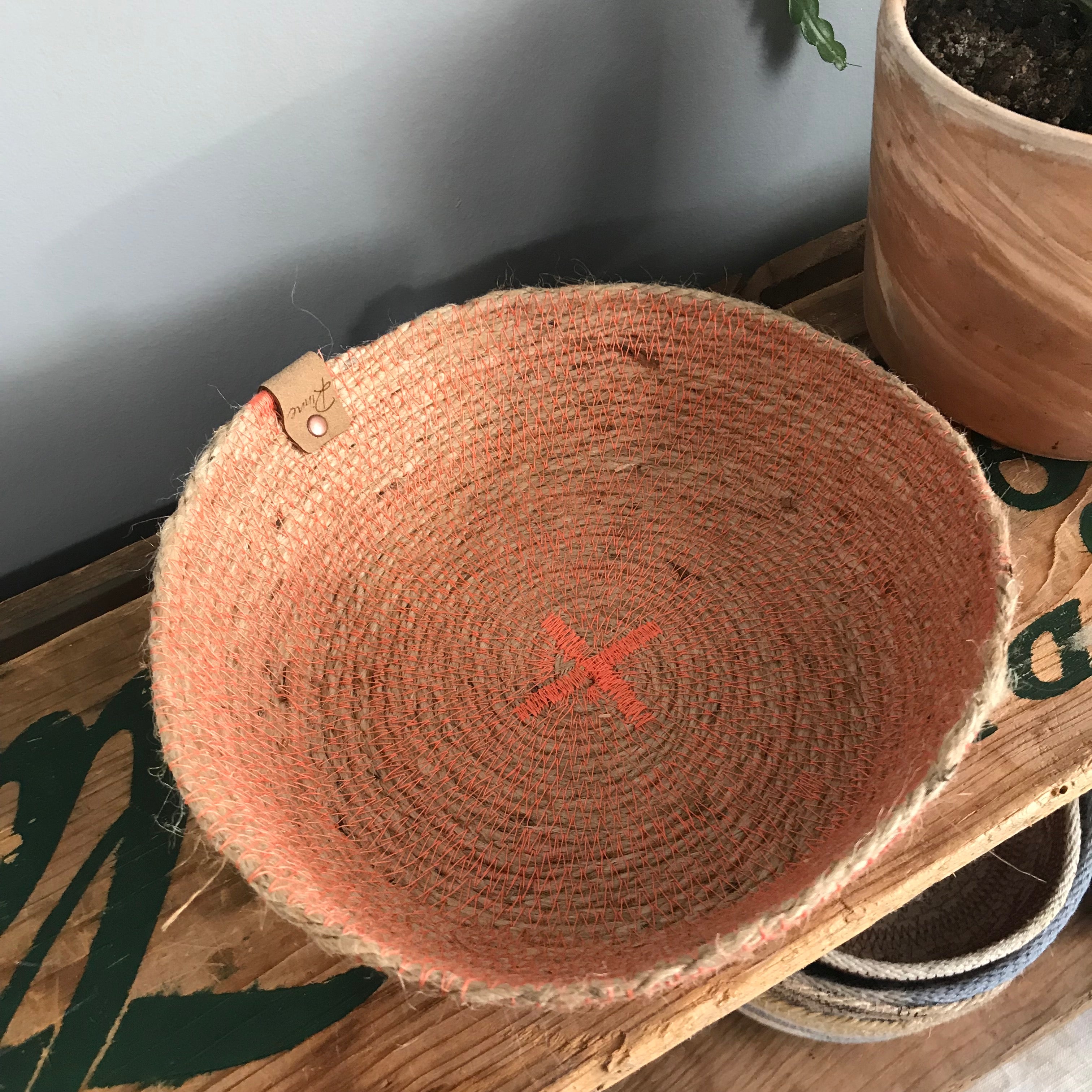 small jute rope tray coral stitching