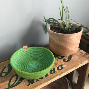 small green rope tray blue stitching