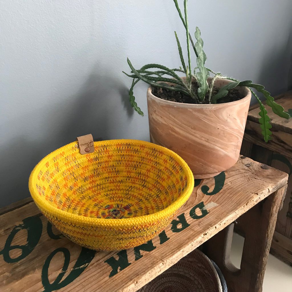 small rope tray yellow with rainbow stitching