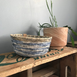 small rope bowl natural blue variegated stitching