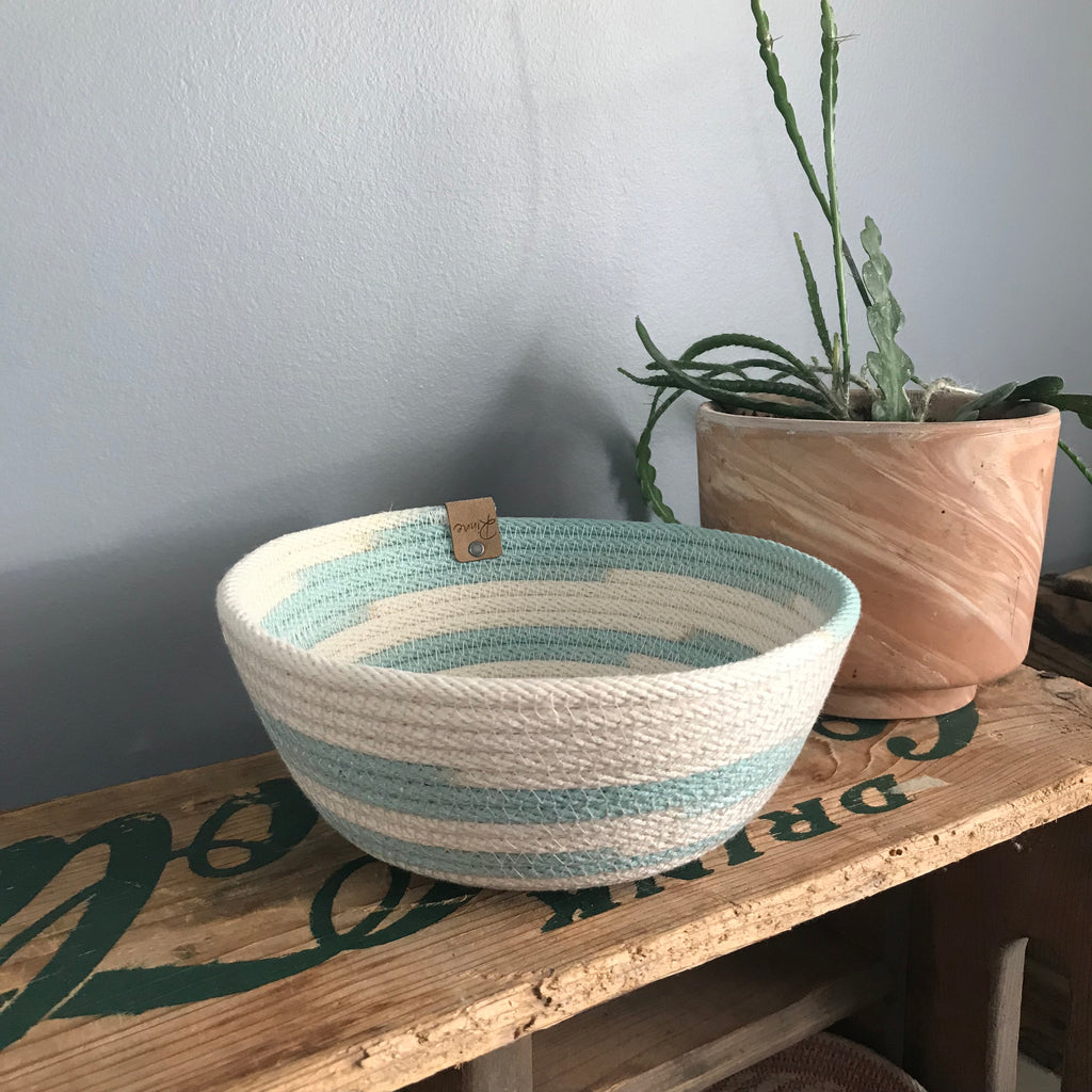 small rope bowl natural teal blue
