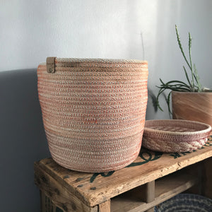 Medium rope pot basket natural orange stitching