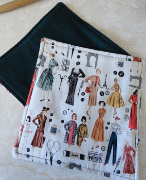 vintage fashion models sewing Heavy duty Hotpad Set, 3 backing options