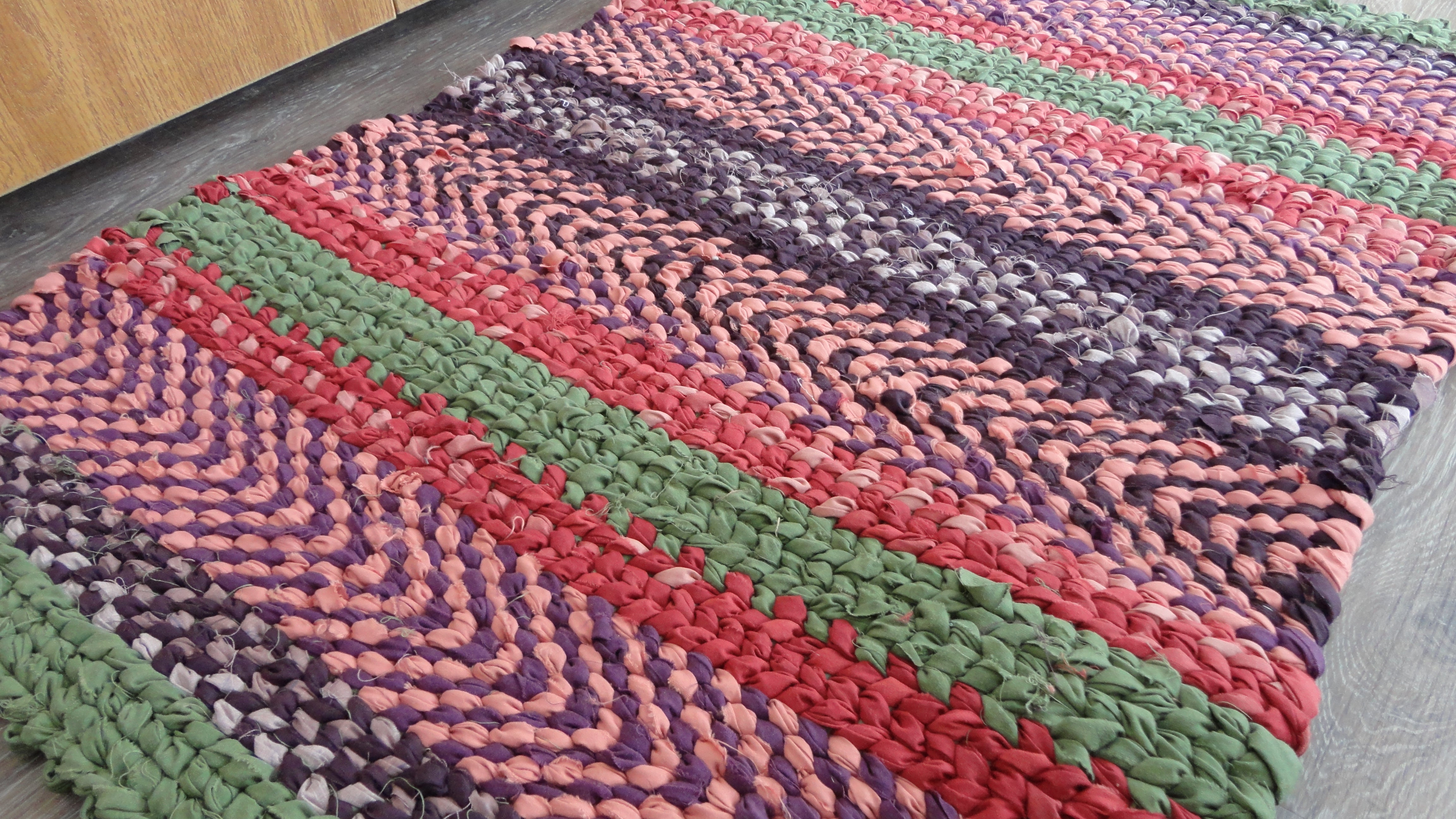 Watermelon Party green, cherry red, purple and coral pink handwoven twined rag rug woven carpet