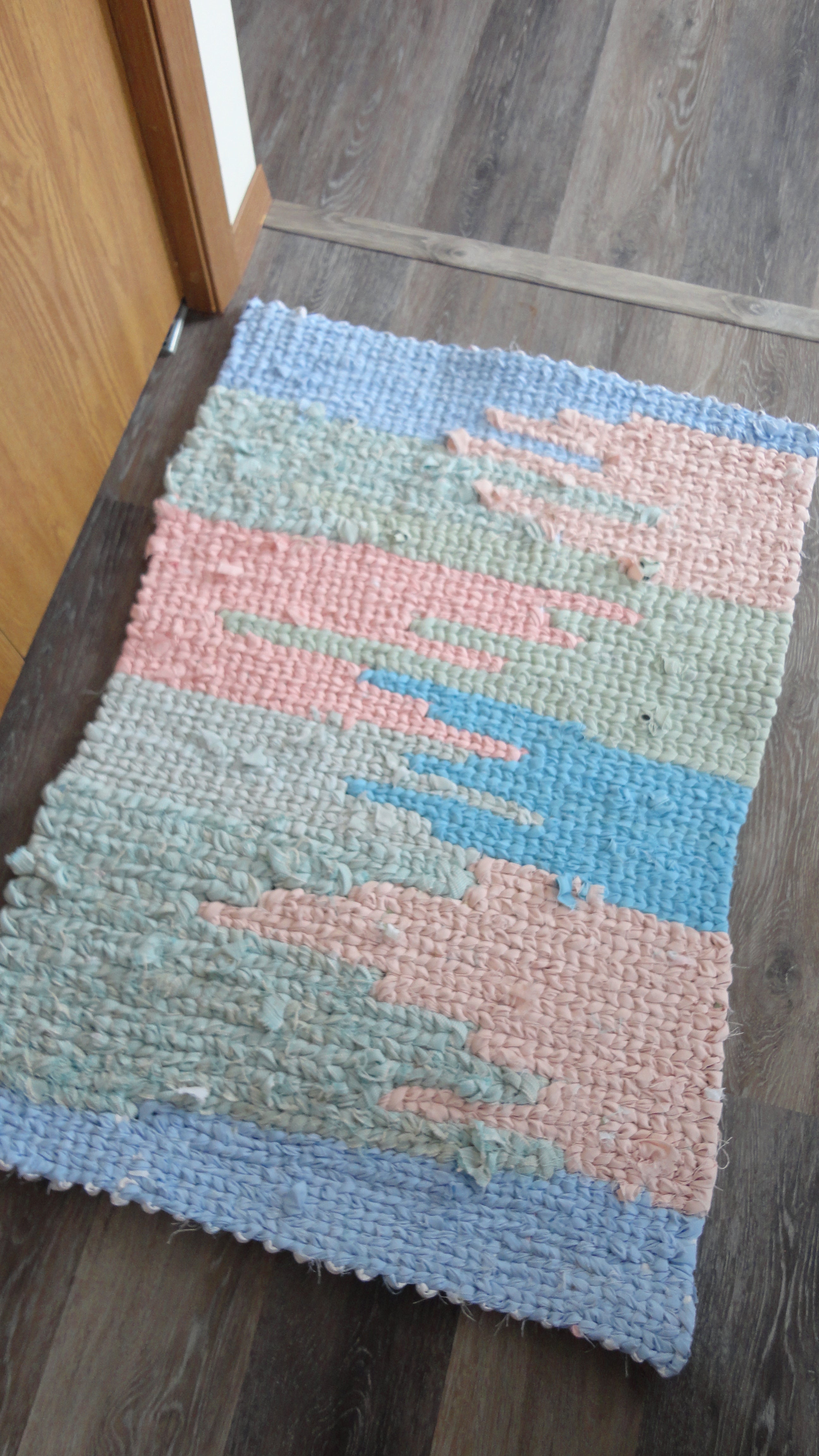 Waterfall pastel nursery decor blue, pink, green handwoven twined rag rug woven carpet