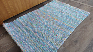 Beachy Blue handwoven twined rag rug woven carpet