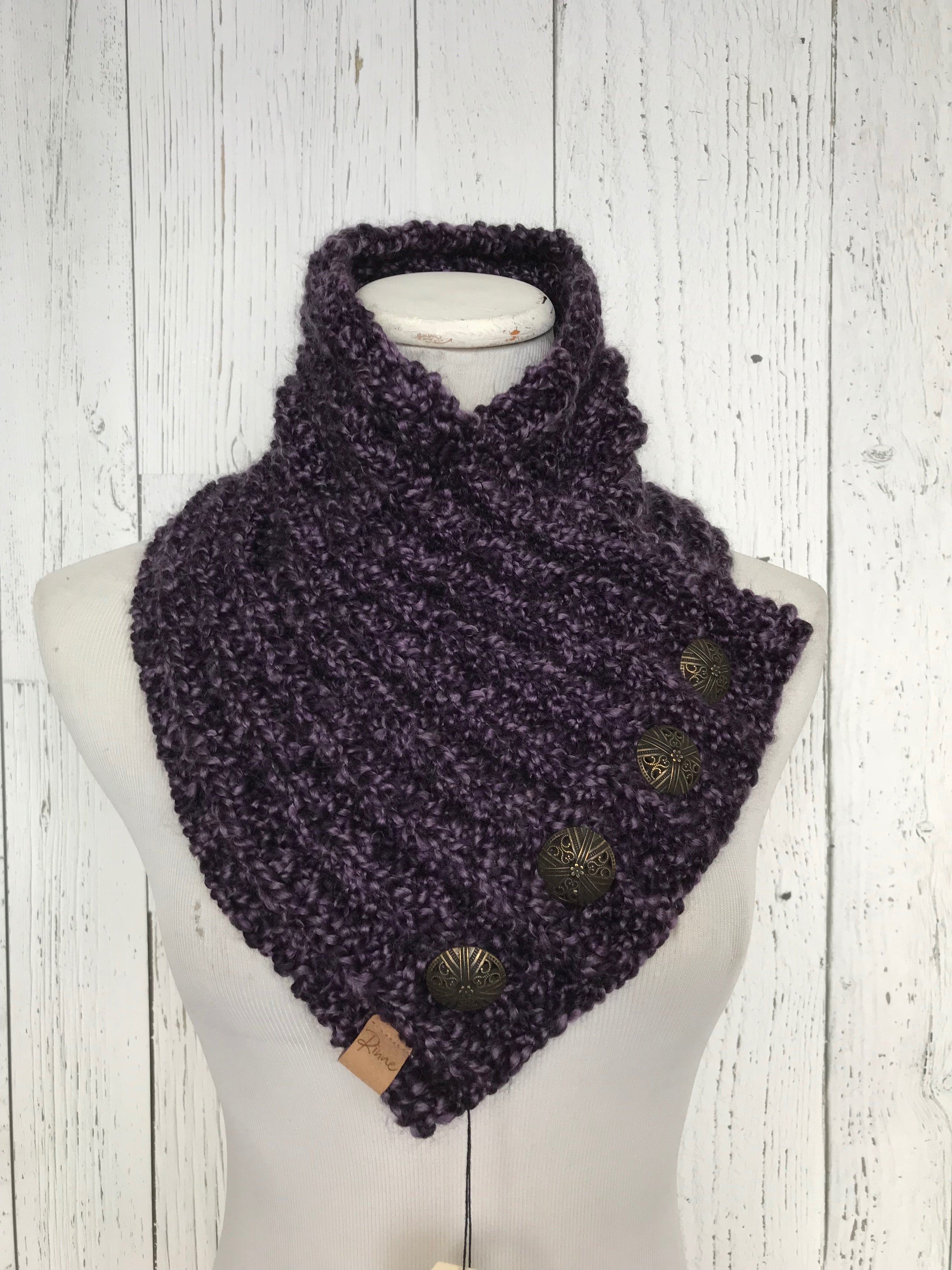 Classic Knit Button Cowl in violet purple with bronze buttons