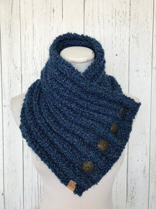 Classic Knit Button Cowl in colonial heathered blue with bronze buttons