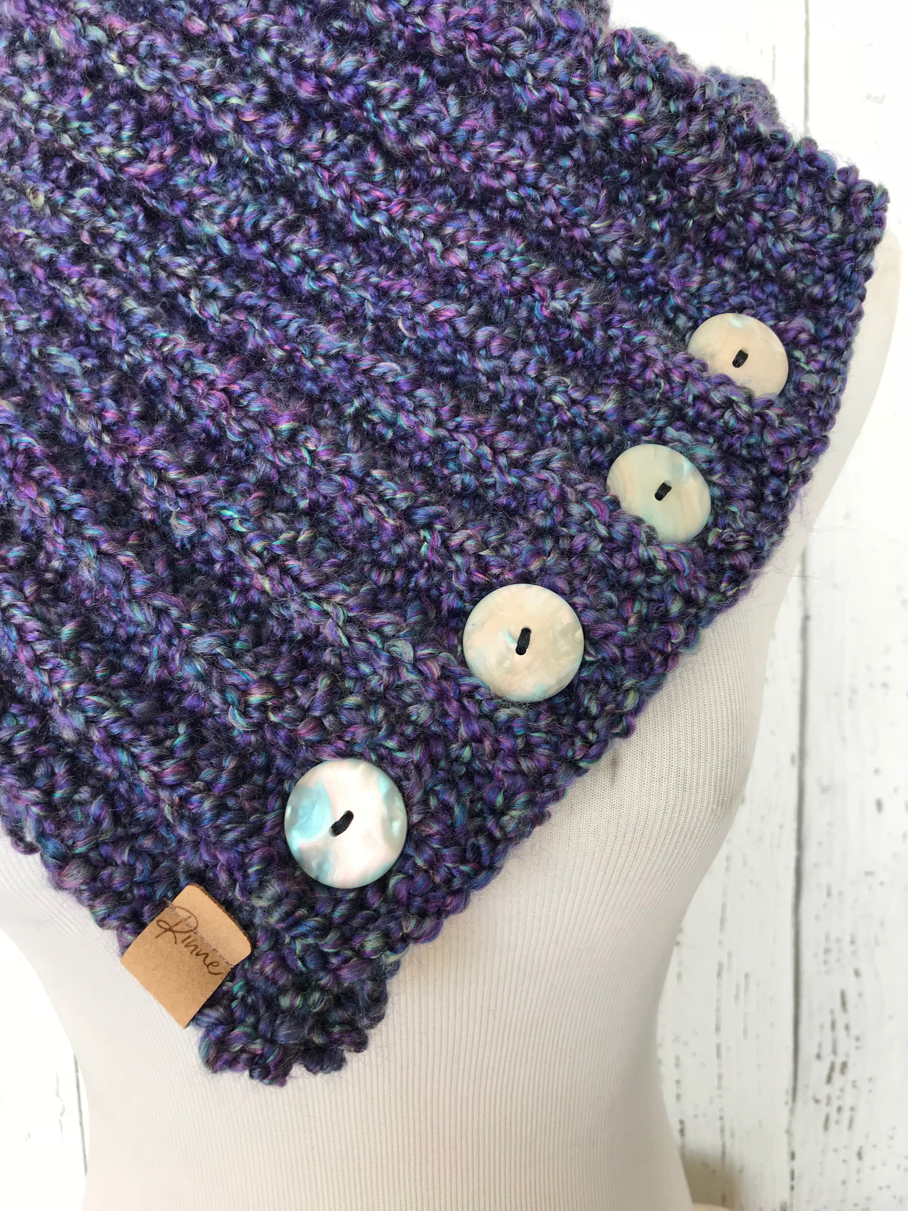 Classic Knit Button Cowl in heathered blue and purple, with shell buttons