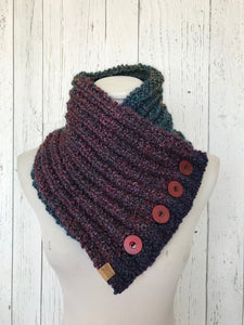 Classic Knit Button Cowl in purple, navy and teal green tones with wine color buttons