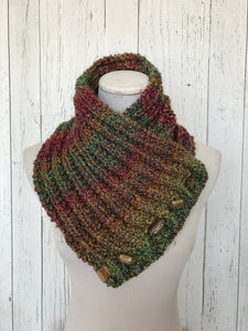Classic Knit Button Cowl in green, red and brown tones, vintage toggle buttons