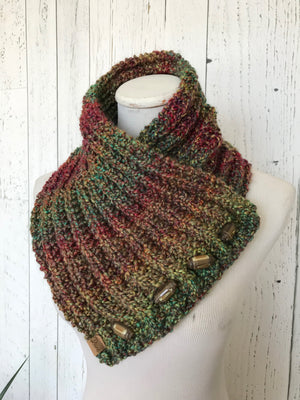Classic Knit Button Cowl in green, red and brown tones, vintage toggle buttons