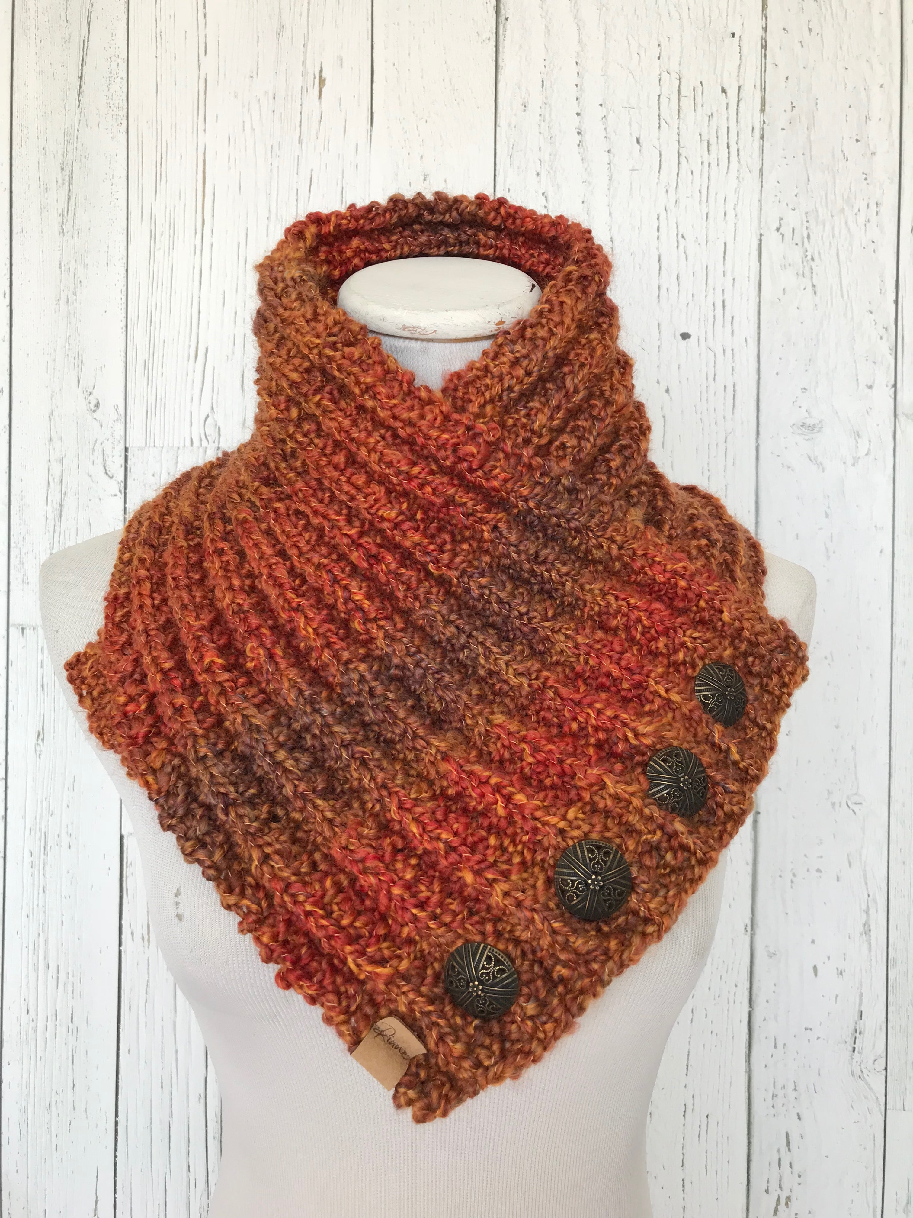Classic Knit Button Cowl in prairie fire, oranges with bronze buttons