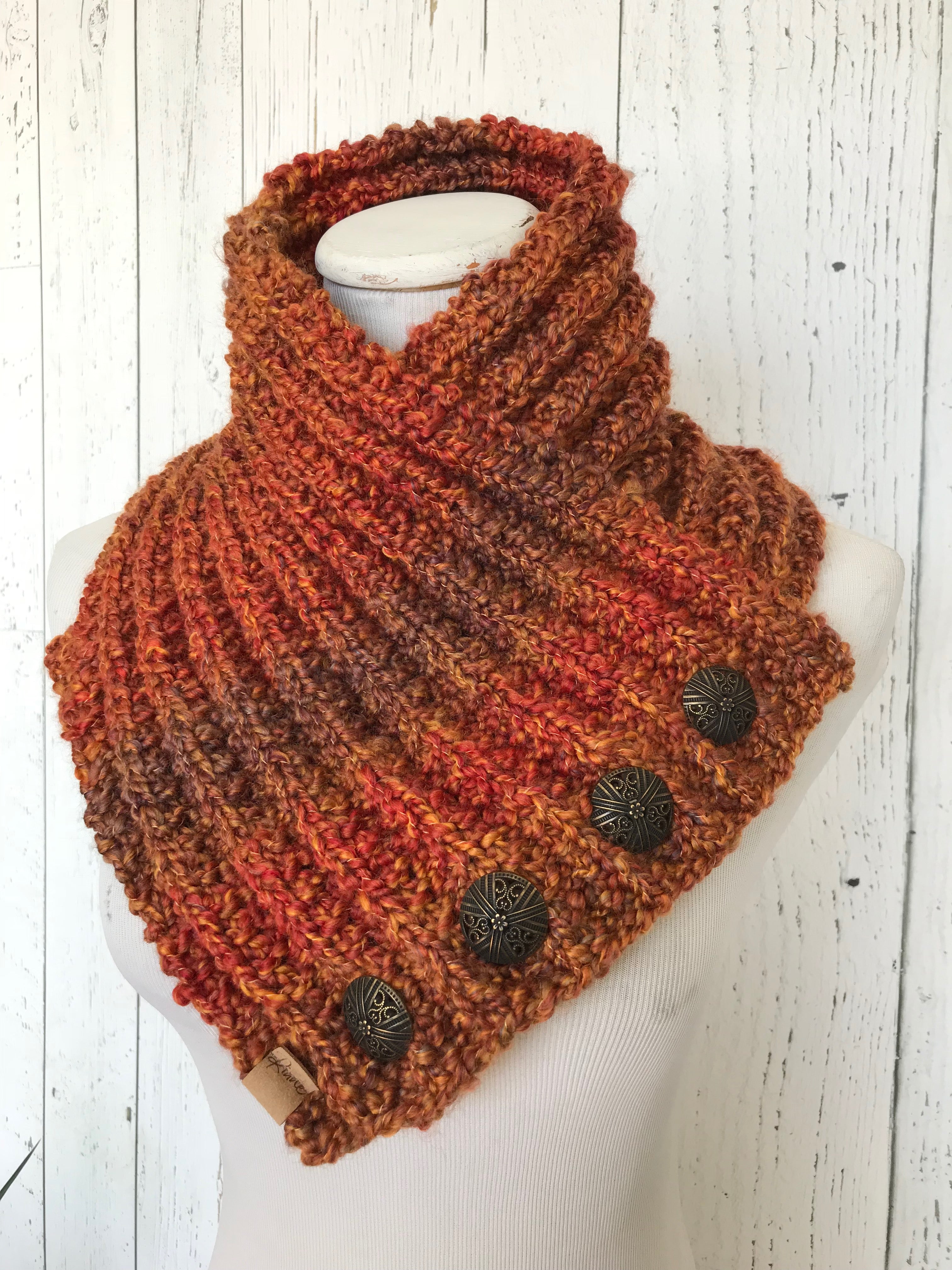 Classic Knit Button Cowl in prairie fire, oranges with bronze buttons