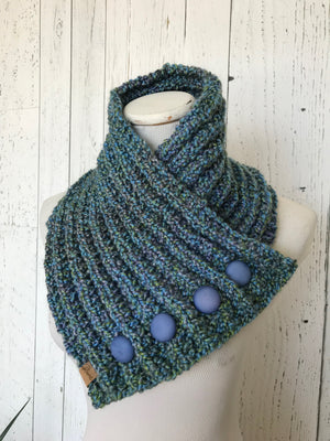 Classic Knit Button Cowl in blues and greens with blue bubble buttons