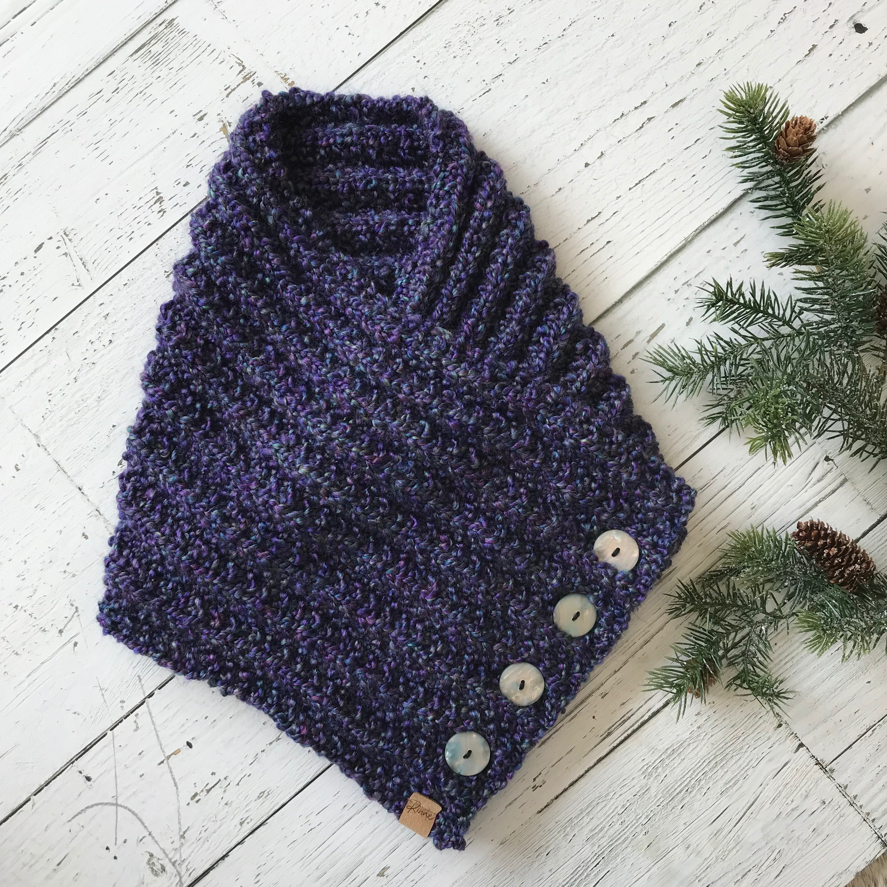 Classic Knit Button Cowl in heathered blue and purple, with shell buttons