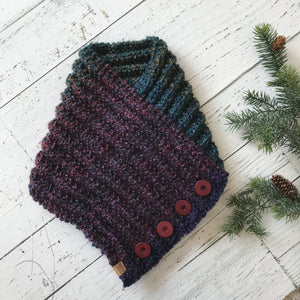 Classic Knit Button Cowl in purple, navy and teal green tones with wine color buttons