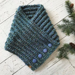 Classic Knit Button Cowl in blues and greens with blue bubble buttons