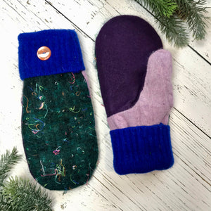 *Holiday Collection* recycled wool mitts dark green confetti, bright royal blue cuffs, dark purple, light lavender purple, orange buttons