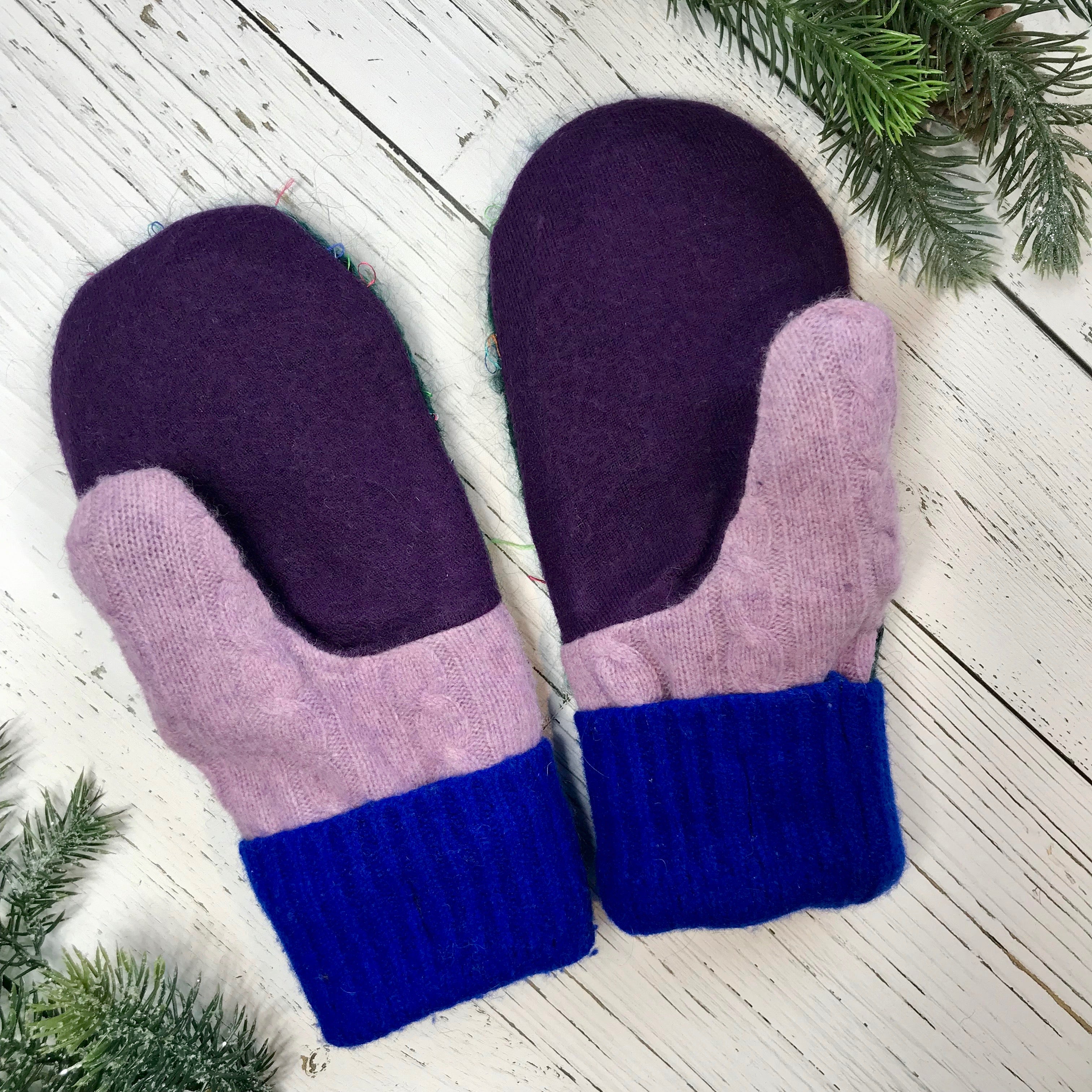*Holiday Collection* recycled wool mitts dark green confetti, bright royal blue cuffs, dark purple, light lavender purple, orange buttons