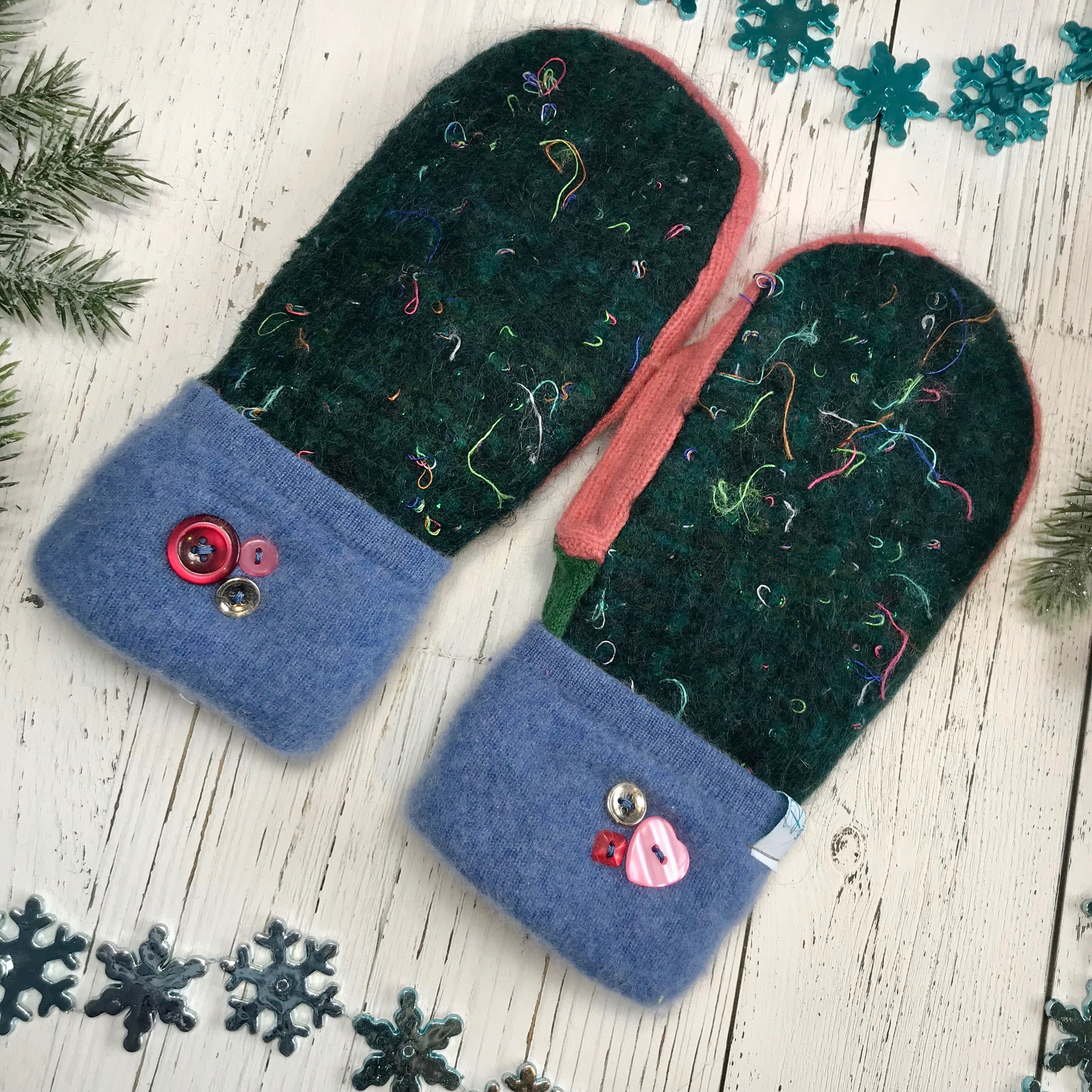 *Holiday Collection* recycled wool mitts dark green confetti, coral pink, grass green, baby blue, multiple buttons