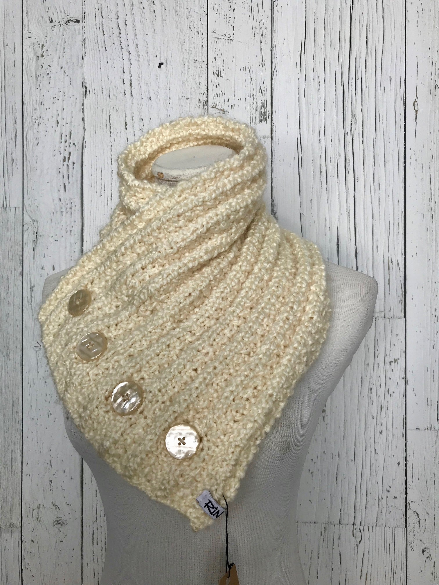 Classic Knit Button Cowl in Cream with shell buttons