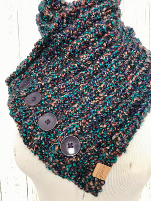 Classic Knit Button Cowl in speckled dark teal, purple, rust, and brown with purple buttons