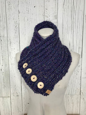 Classic Knit Button Cowl in violet purple with specks of blue with natural wood buttons