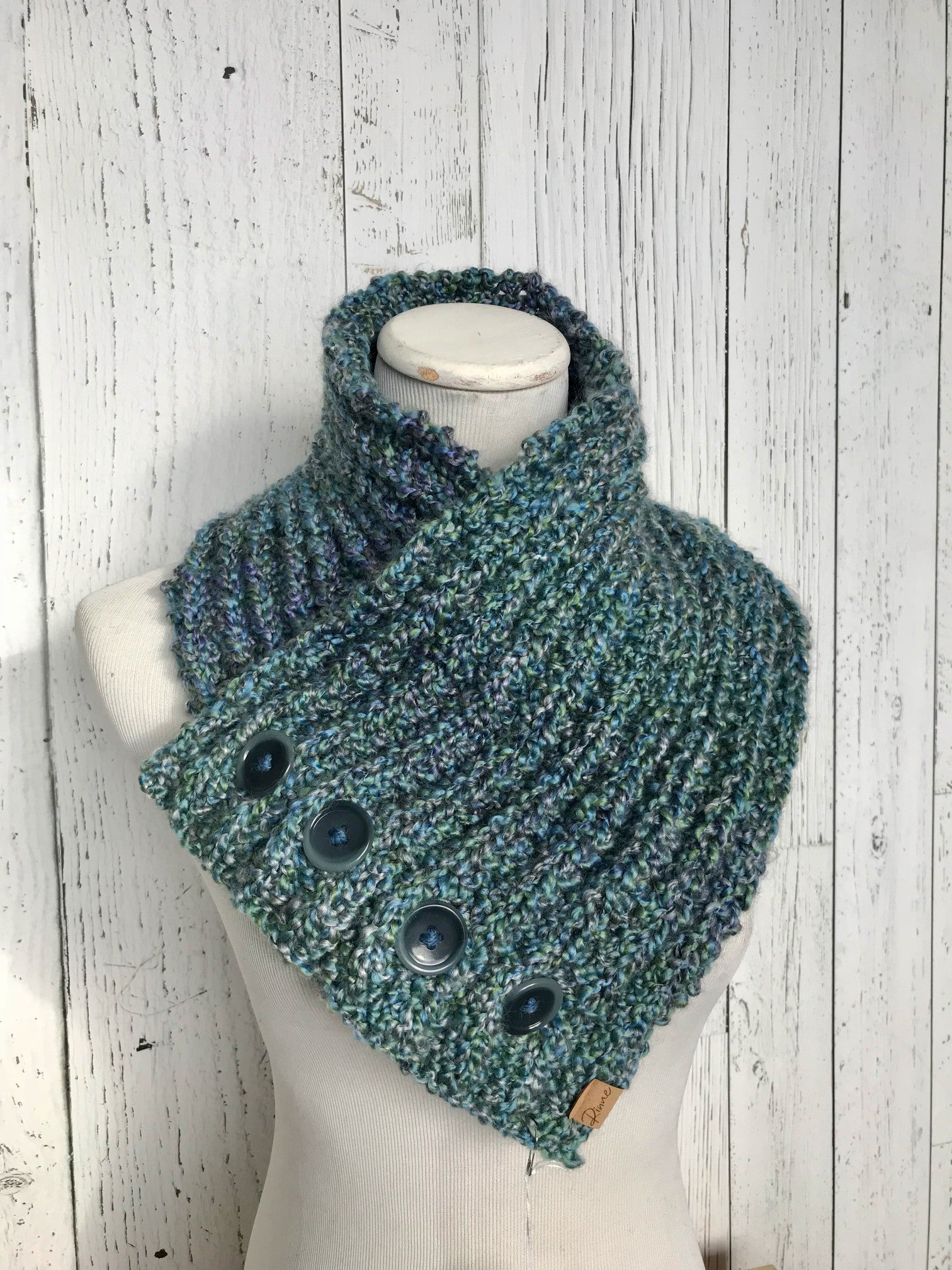 Classic Knit Button Cowl in blues and greens with dark teal buttons