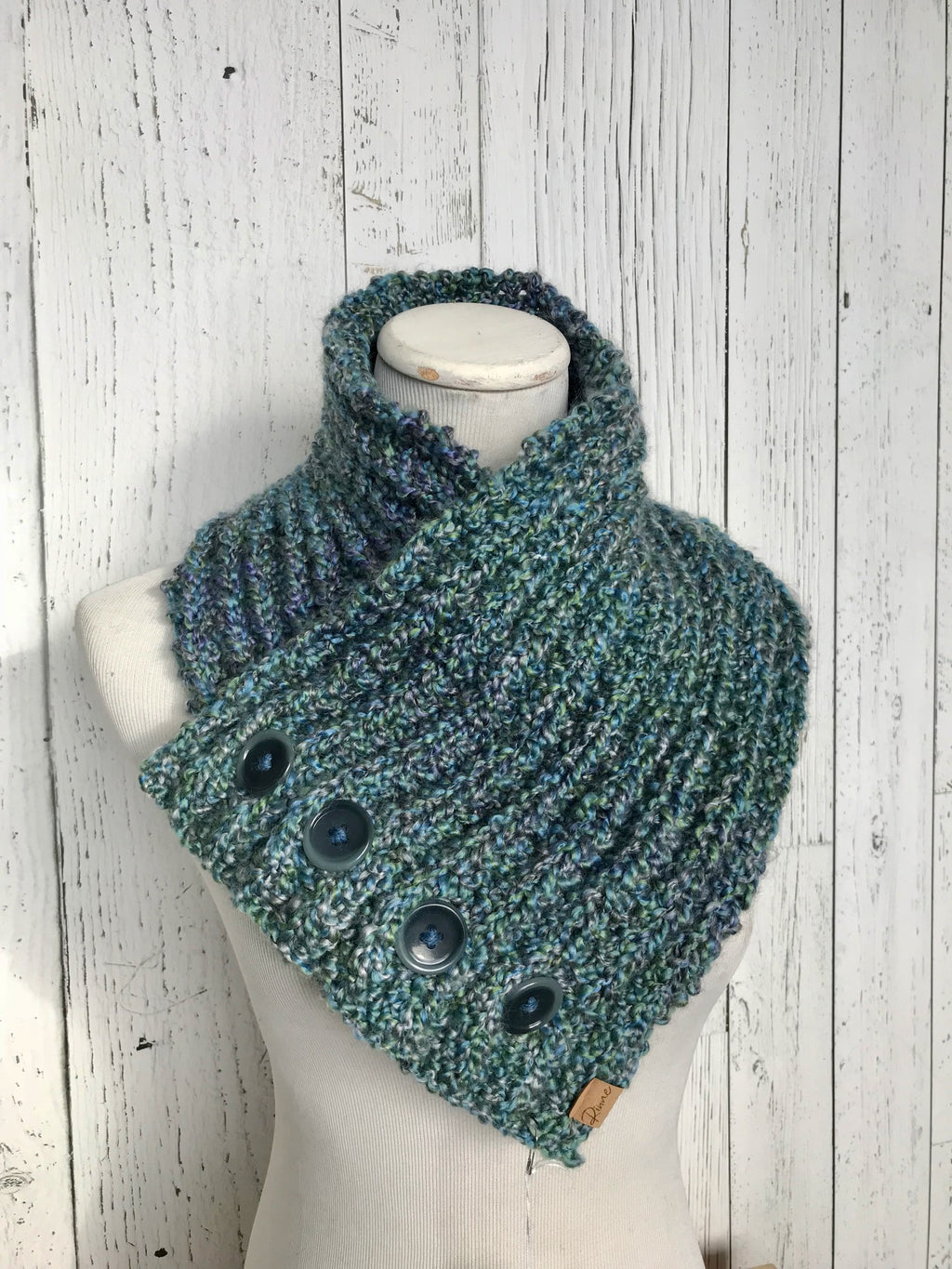 Classic Knit Button Cowl in blues and greens with dark teal buttons