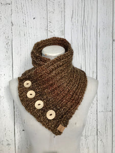 Classic Knit Button Cowl in Brown with natural wood buttons