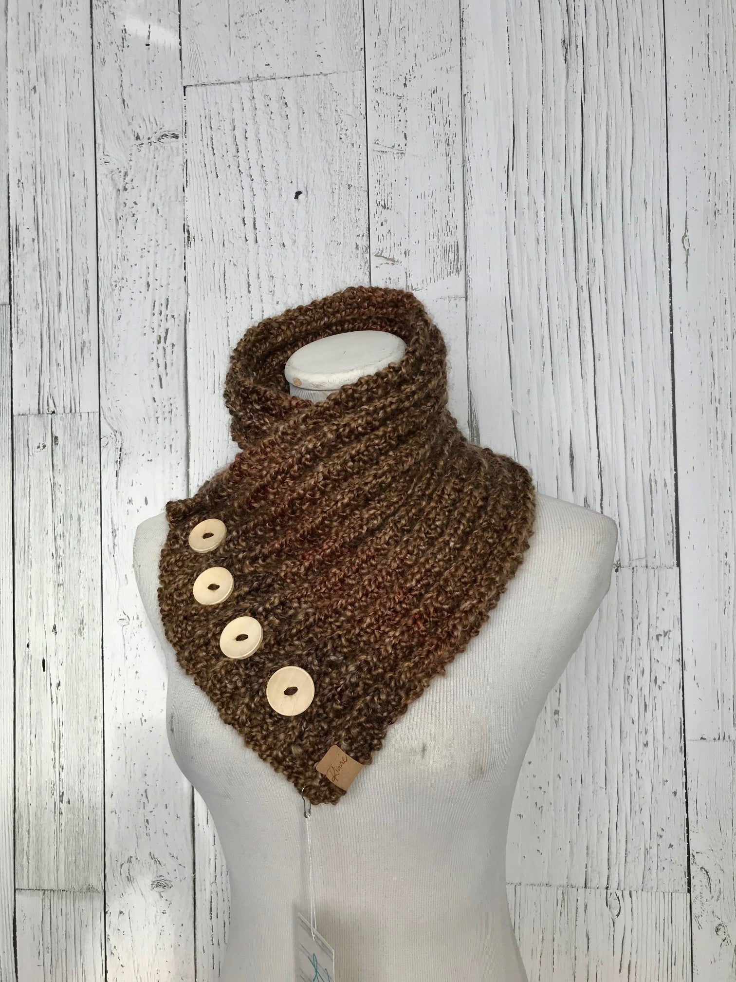 Classic Knit Button Cowl in Brown with natural wood buttons