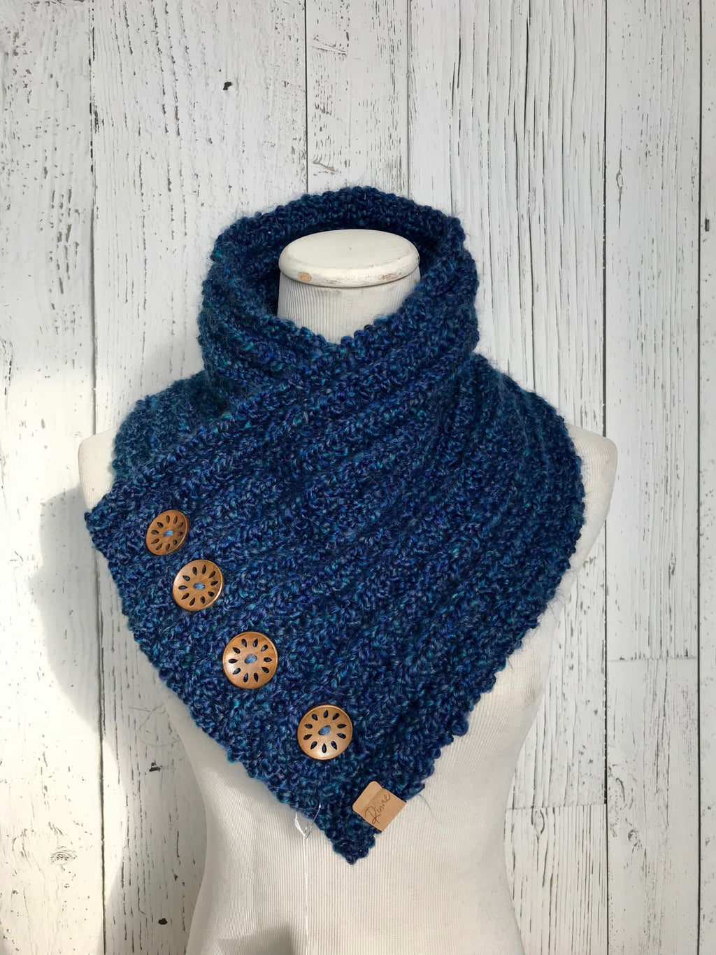 Classic Knit Button Cowl in Blue with walnut coloured wood buttons