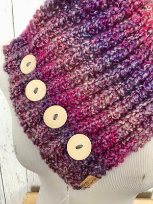 Classic Knit Button Cowl in pink and purple variegated colors with natural wood buttons