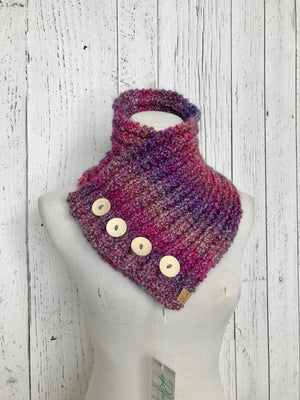 Classic Knit Button Cowl in pink and purple variegated colors with natural wood buttons