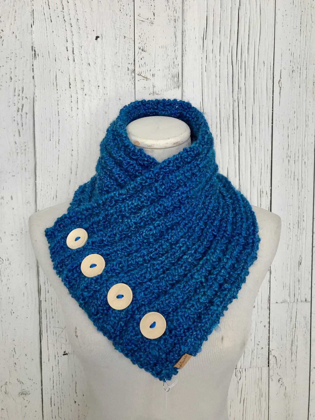 Classic Knit Button Cowl in cobalt blue with natural wood buttons