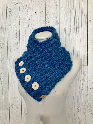 Classic Knit Button Cowl in cobalt blue with natural wood buttons