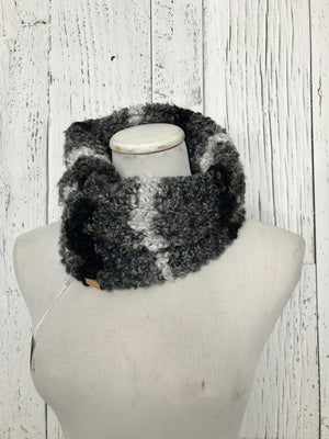 Knit Button Cowl in black, grey, and white stripes
