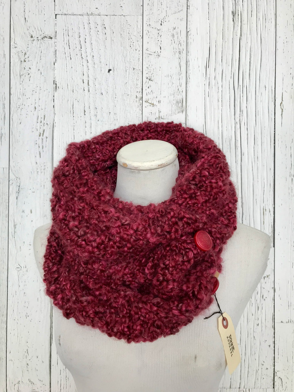 Knit Button Cowl in ruby red with plastic vintage buttons