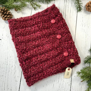 Knit Button Cowl in ruby red with plastic vintage buttons